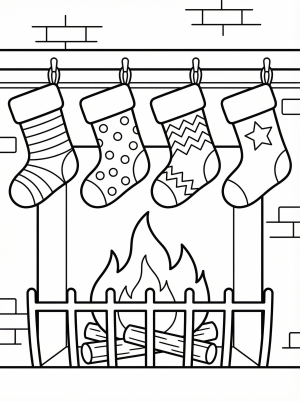 Free printable coloring page showing four family stockings hanging over a fireplace, perfect for kids to practice coloring and pattern matching