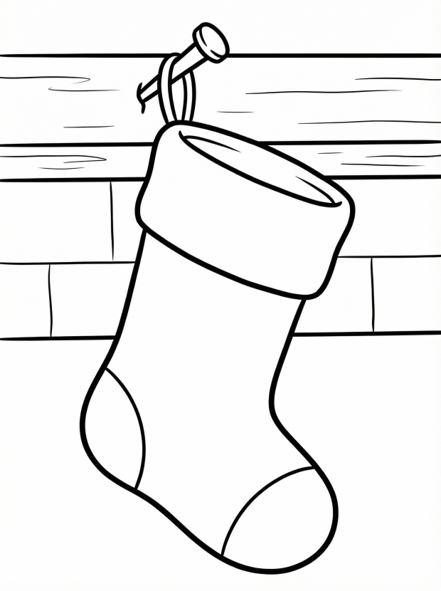 Free printable coloring page showing a hanging Christmas stocking on a mantle, perfect for kids to practice coloring and decorate creatively