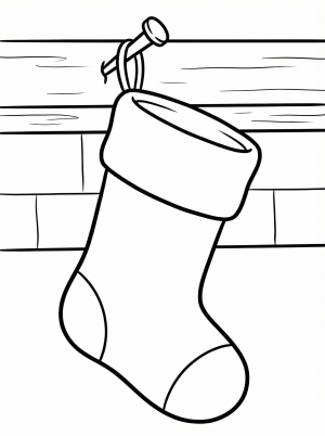 Free printable coloring page showing a hanging Christmas stocking on a mantle, perfect for kids to practice coloring and decorate creatively