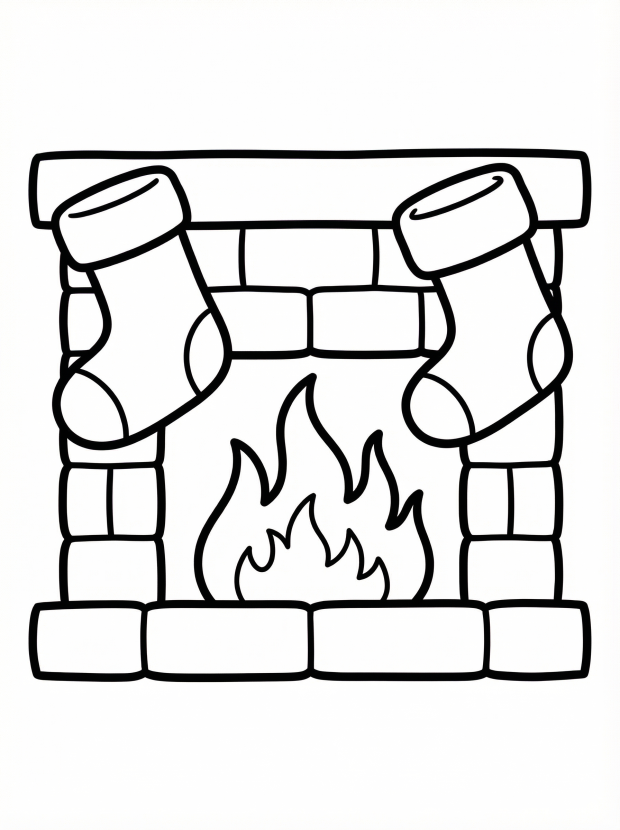 Free printable coloring page showing a stocking hanging by a fireplace, perfect for kids to practice fine motor skills and creativity