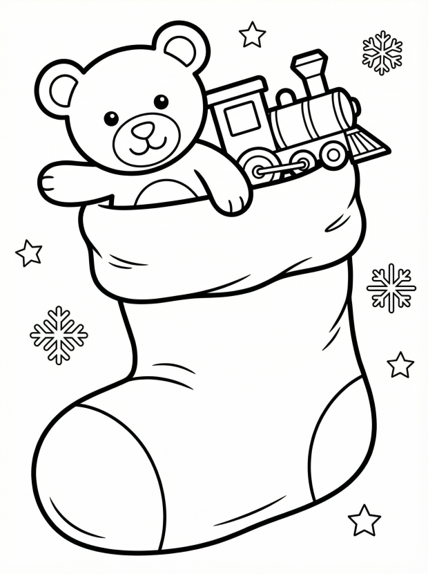 Free printable coloring page showing a stocking overflowing with a teddy bear and toy train, perfect for kids to practice creativity and color recognition