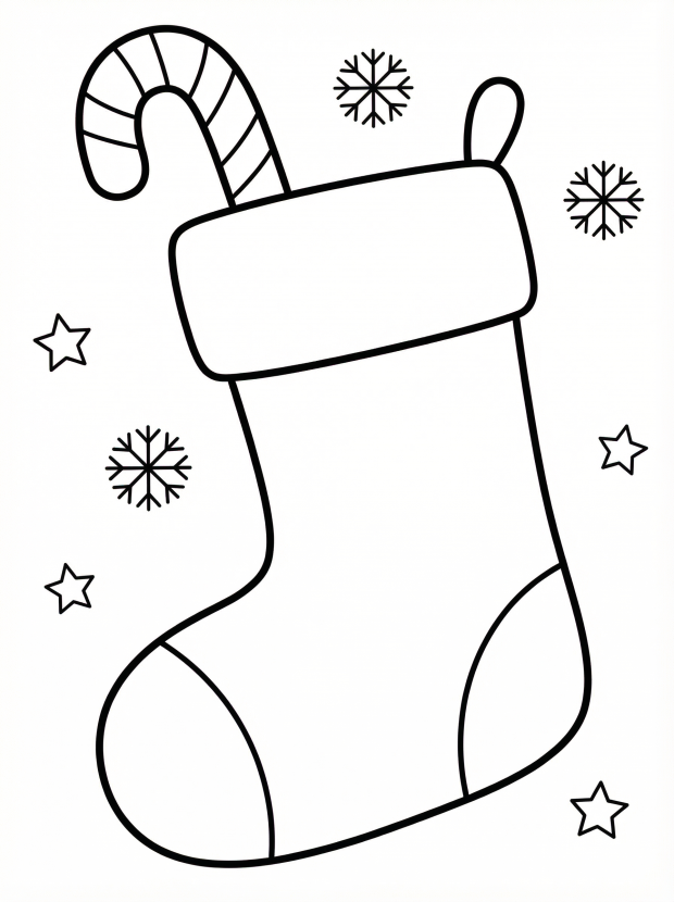 Free printable coloring page showing a Christmas stocking with a candy cane and stars, perfect for kids to practice coloring and creativity