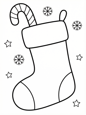Free printable coloring page showing a Christmas stocking with a candy cane and stars, perfect for kids to practice coloring and creativity