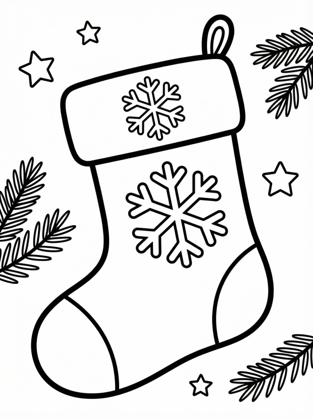 Free printable coloring page showing a stocking decorated with snowflakes and stars, perfect for kids to practice coloring and creativity