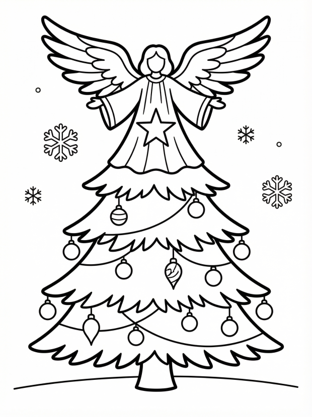 Free printable coloring page showing a Christmas tree topped with an angel, perfect for kids to practice coloring and creativity