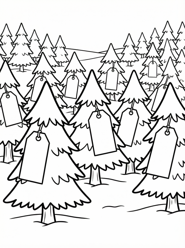 Free printable coloring page showing a Christmas tree farm with many tagged trees, perfect for kids to practice coloring and creativity