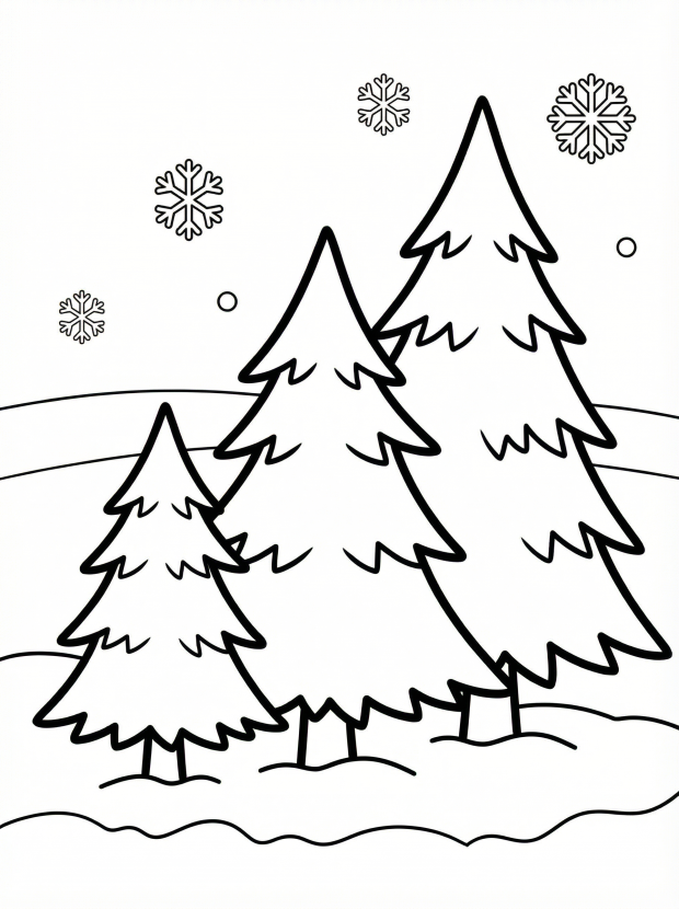 Free printable coloring page showing three Christmas trees in a snowy forest, perfect for kids to practice coloring and creativity