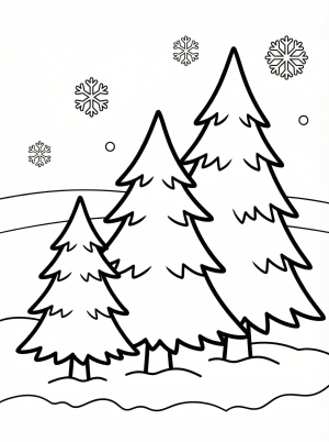Free printable coloring page showing three Christmas trees in a snowy forest, perfect for kids to practice coloring and creativity