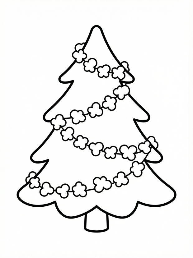 Free printable coloring page showing a Christmas tree with garland, perfect for kids to practice coloring and creativity