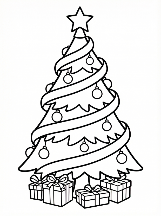 Free printable coloring page showing a Christmas tree wrapped in a ribbon with ornaments and gifts, perfect for kids to practice colors and creativity