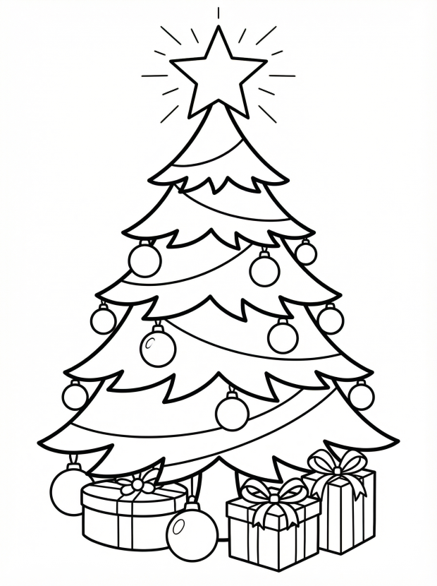 Free printable coloring page showing a Christmas tree with a star and presents, perfect for kids to practice color skills and creativity