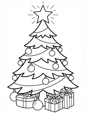 Free printable coloring page showing a Christmas tree with a star and presents, perfect for kids to practice color skills and creativity