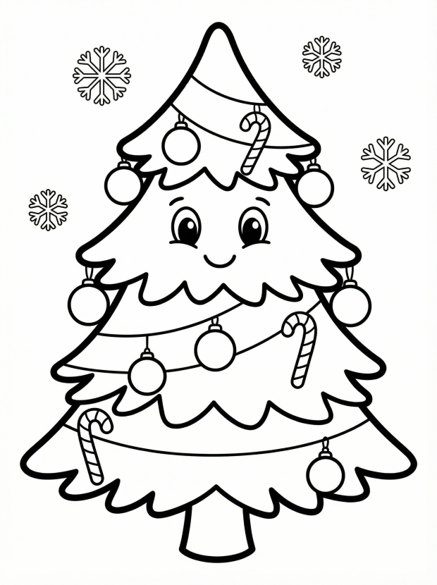 Free printable coloring page showing a decorated Christmas tree with ornaments and candy canes, perfect for kids to practice coloring and creativity.