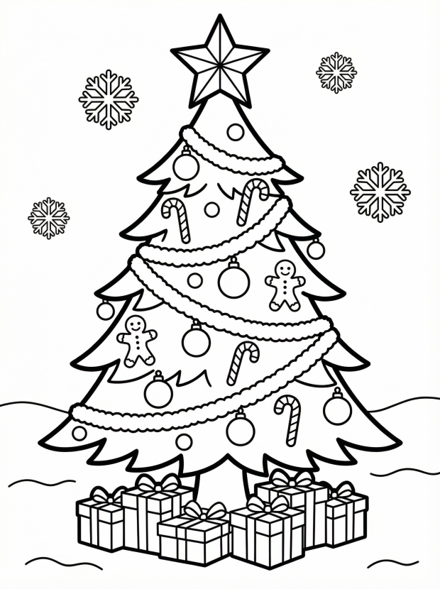 Free printable coloring page showing a decorated Christmas tree with a star and gifts, perfect for kids to practice creativity and color recognition