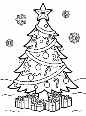 Free printable coloring page showing a decorated Christmas tree with a star and gifts, perfect for kids to practice creativity and color recognition