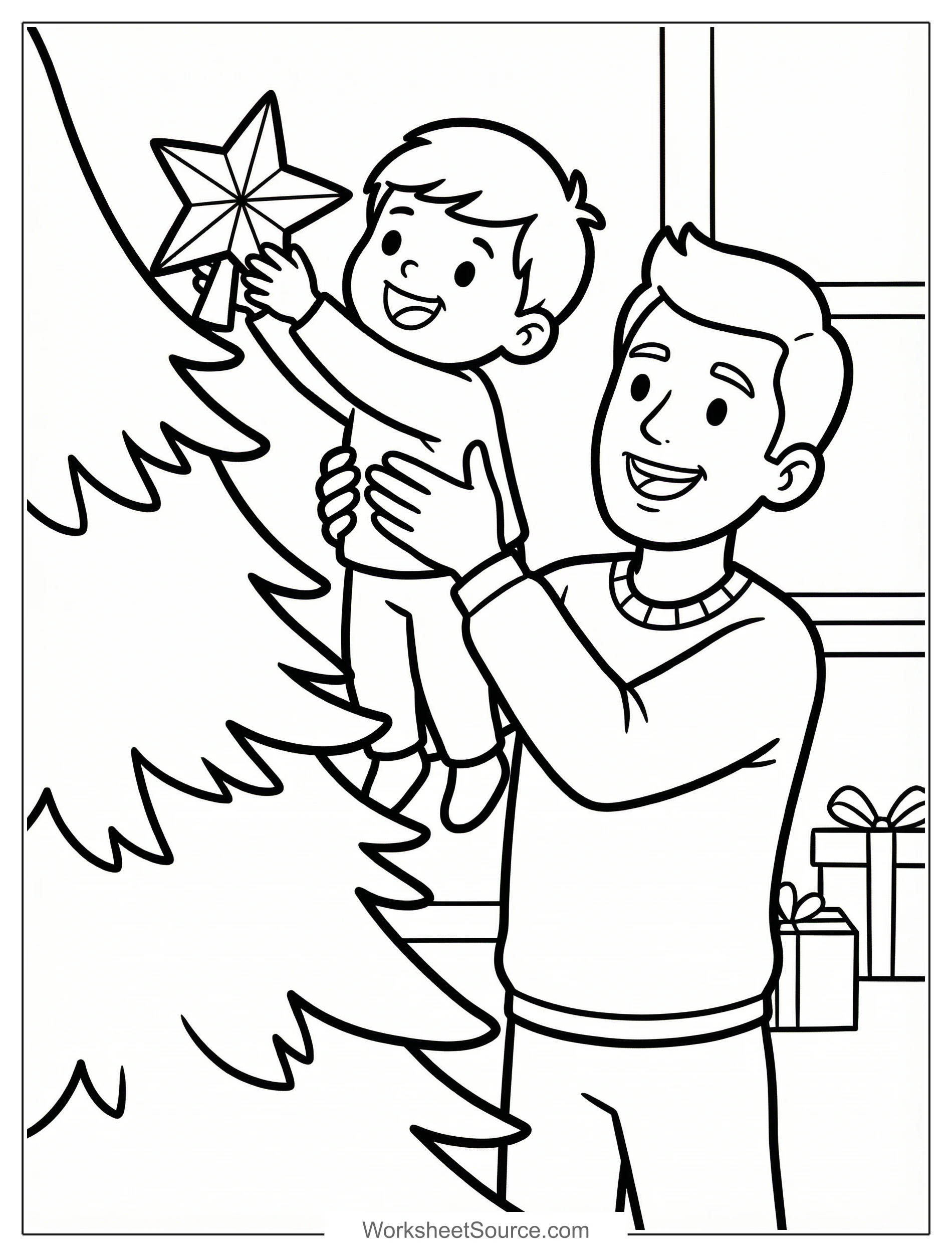 Free printable coloring page showing a parent lifting a child to place a star on a Christmas tree, perfect for kids to practice creativity and fine motor skills