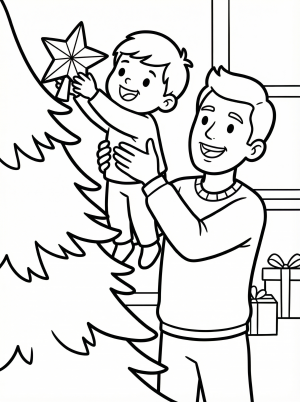 Free printable coloring page showing a parent lifting a child to place a star on a Christmas tree, perfect for kids to practice creativity and fine motor skills