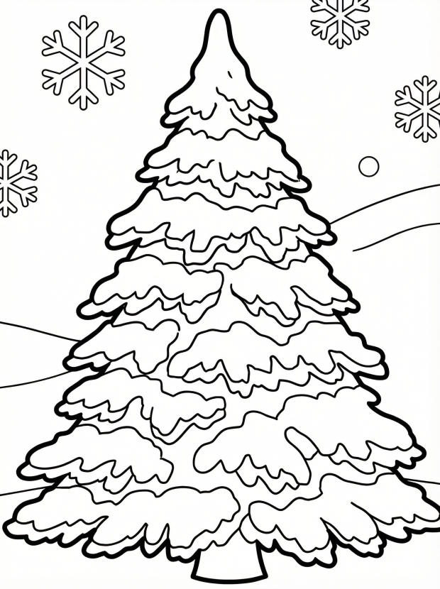 Free printable coloring page showing a snowy flocked Christmas tree with snowflakes, perfect for kids to practice fine motor skills and creativity