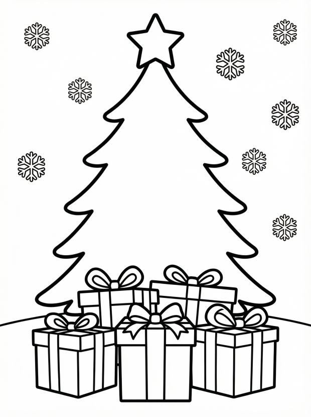 Free printable coloring page showing presents under a Christmas tree, perfect for kids to practice color recognition and fine motor skills