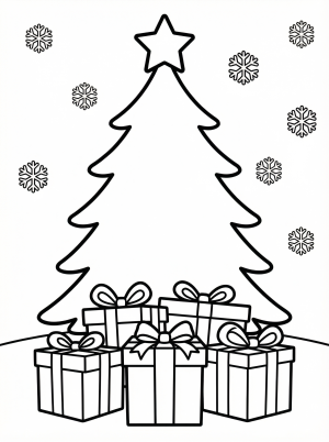 Free printable coloring page showing presents under a Christmas tree, perfect for kids to practice color recognition and fine motor skills