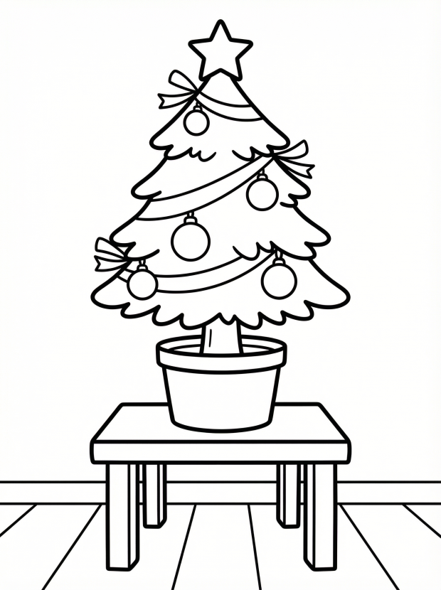 Free printable coloring page showing a small decorated Christmas tree in a pot, perfect for kids to practice coloring and creativity