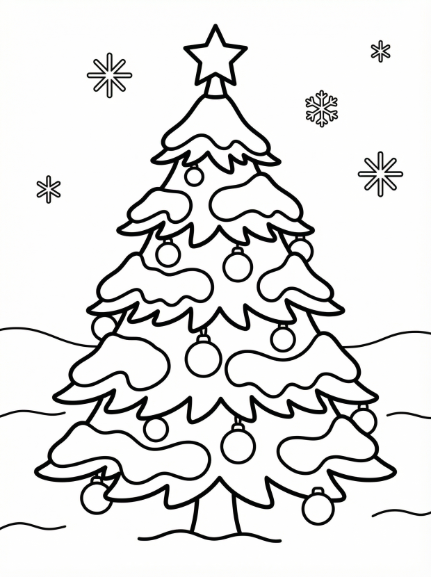 Free printable coloring page showing a snowy Christmas tree with ornaments and snowflakes, perfect for kids to practice fine motor skills and creativity