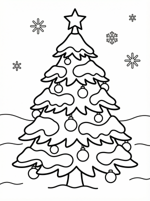 Free printable coloring page showing a snowy Christmas tree with ornaments and snowflakes, perfect for kids to practice fine motor skills and creativity