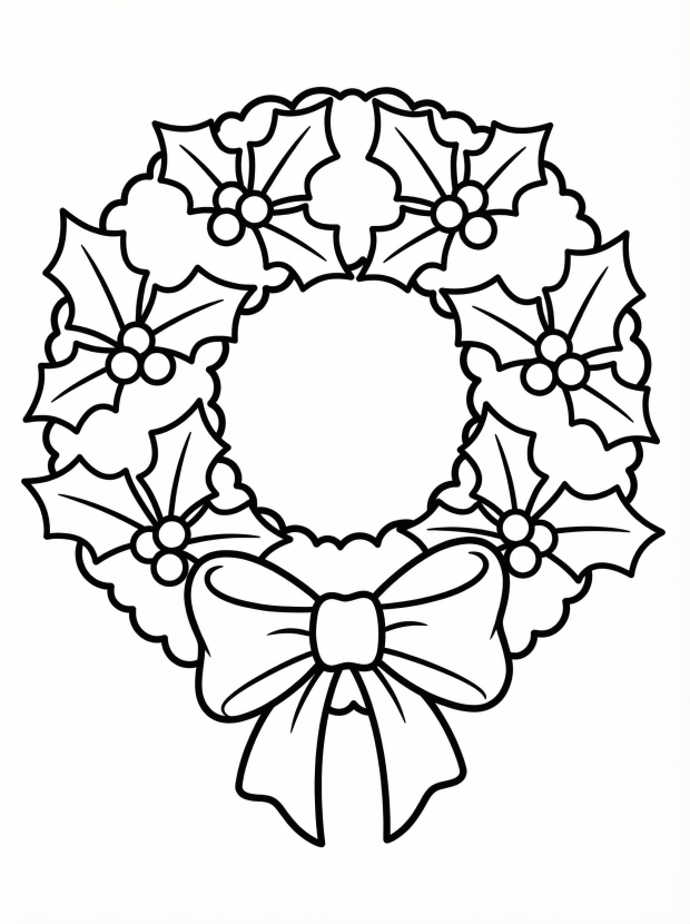 Free printable coloring page showing a Christmas wreath with holly and a bow, perfect for kids to practice coloring and learn about holiday motifs