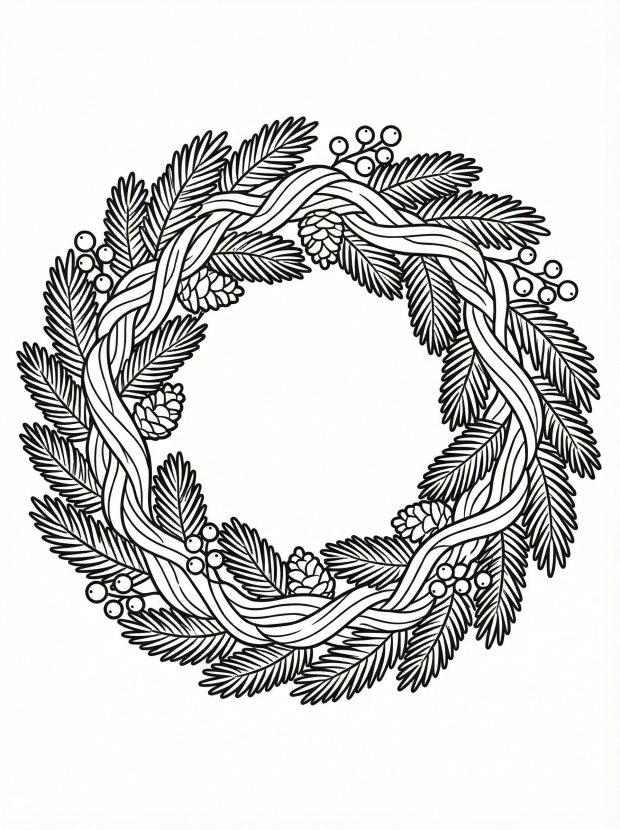 Free printable coloring page showing an evergreen wreath with pine cones and berries, perfect for kids to practice coloring and create holiday art