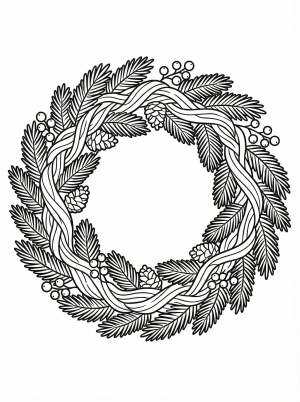 Free printable coloring page showing an evergreen wreath with pine cones and berries, perfect for kids to practice coloring and create holiday art