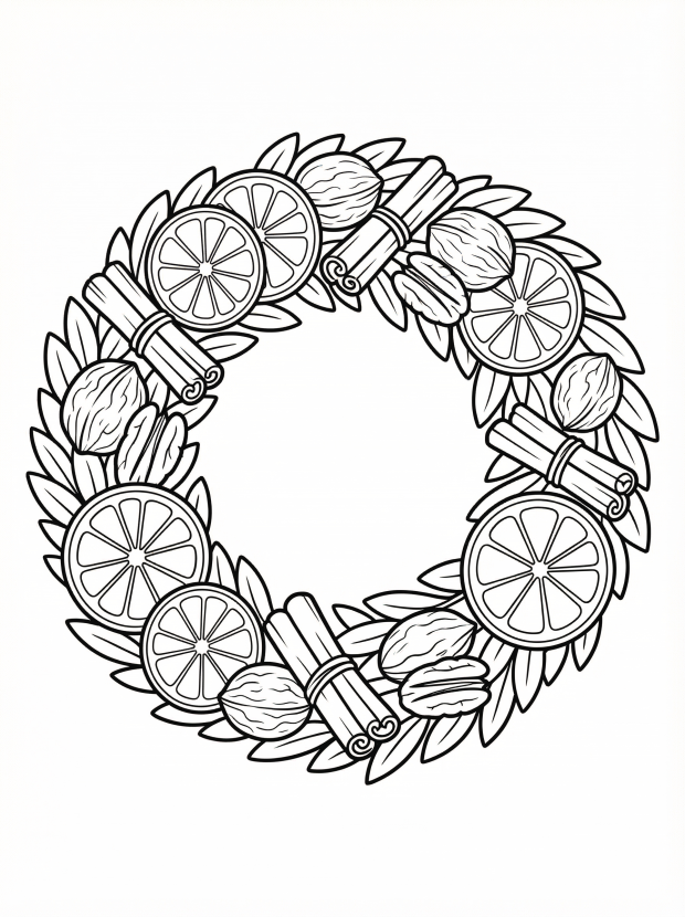 Free printable coloring page showing a fruit and nut wreath with oranges, nuts and cinnamon, perfect for kids to practice coloring and creativity