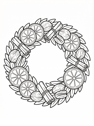 Free printable coloring page showing a fruit and nut wreath with oranges, nuts and cinnamon, perfect for kids to practice coloring and creativity