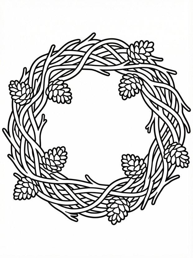 Free printable coloring page showing a pine cone wreath with branches and cones, perfect for kids to practice creativity and fine motor skills