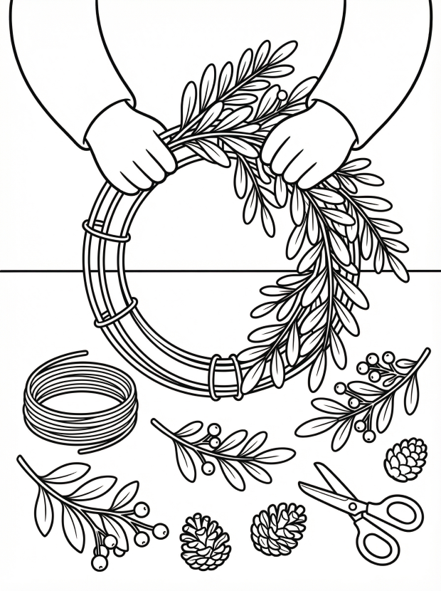 Free printable coloring page showing hands arranging a wreath with leaves berries and pine cones, perfect for kids to practice focus and creativity