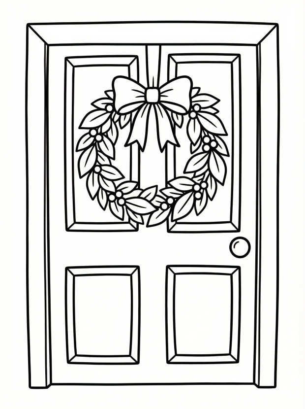 Free printable coloring page showing a wreath hanging on a door, perfect for kids to practice coloring and learn seasonal motifs