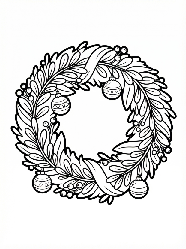 Free printable coloring page showing a wreath with ornaments and ribbon, perfect for kids to practice coloring and creativity