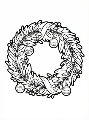 Free printable coloring page showing a wreath with ornaments and ribbon, perfect for kids to practice coloring and creativity