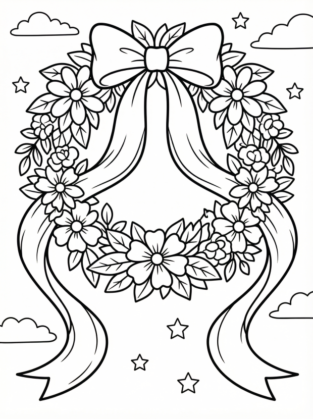 Free printable coloring page showing a floral wreath with a large ribbon bow, perfect for kids to practice fine motor skills and color recognition