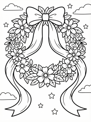 Free printable coloring page showing a floral wreath with a large ribbon bow, perfect for kids to practice fine motor skills and color recognition