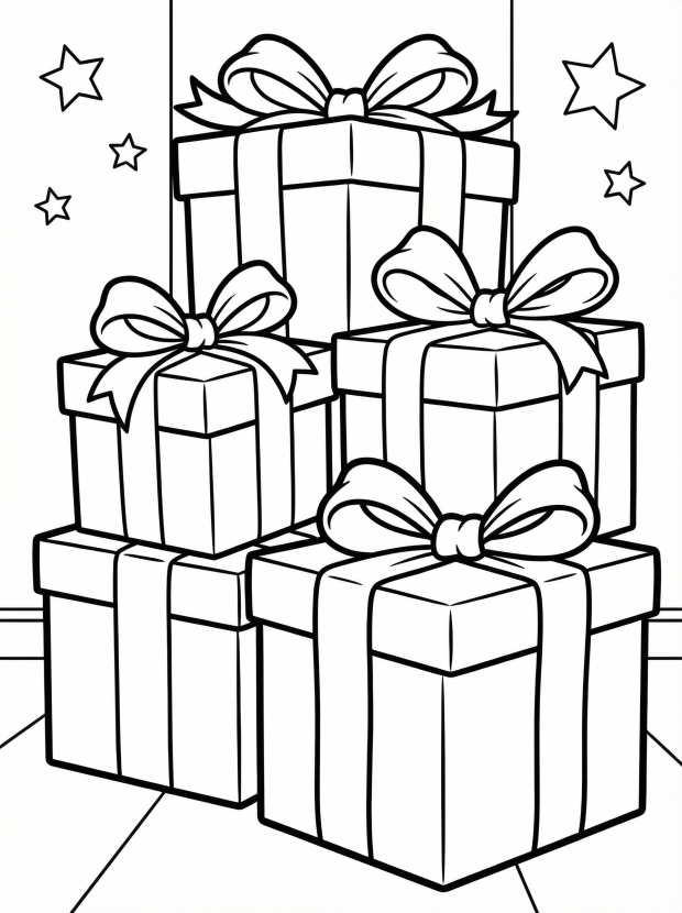 Free printable coloring page showing stacked gift boxes with ribbons and bows, perfect for kids to practice color choices and fine motor skills