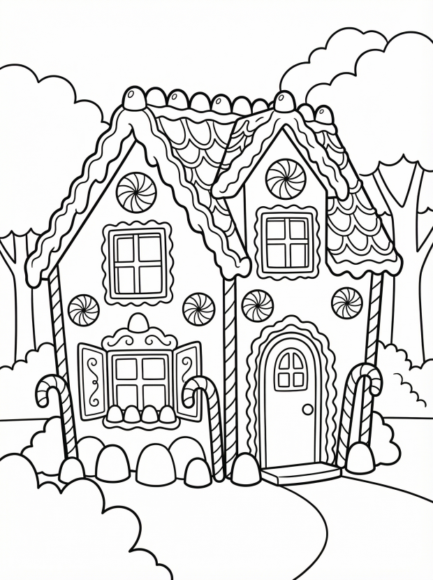 Free printable coloring page showing an elaborate gingerbread house with candy details, perfect for kids to practice creativity and fine motor skills