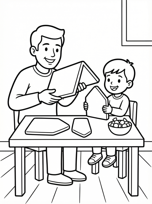 Free printable coloring page showing a family making gingerbread together, perfect for kids to practice creativity and fine motor skills