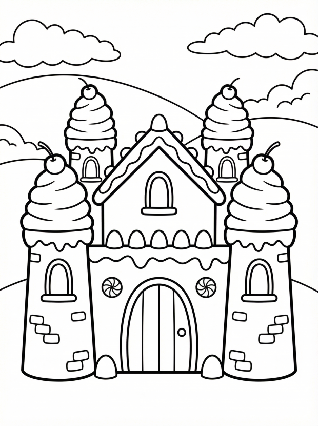 Free printable coloring page showing a gingerbread castle with candy turrets and a big door, perfect for kids to practice fine motor skills and creativity