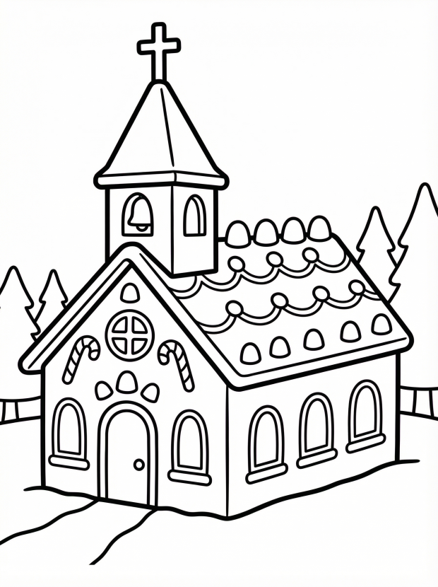 Free printable coloring page showing a gingerbread church with candy details, perfect for kids to practice creativity and fine motor skills