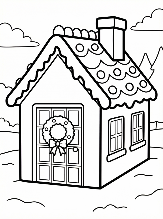 Free printable coloring page showing a gingerbread house door with wreath and candy roof, perfect for kids to practice color and creativity