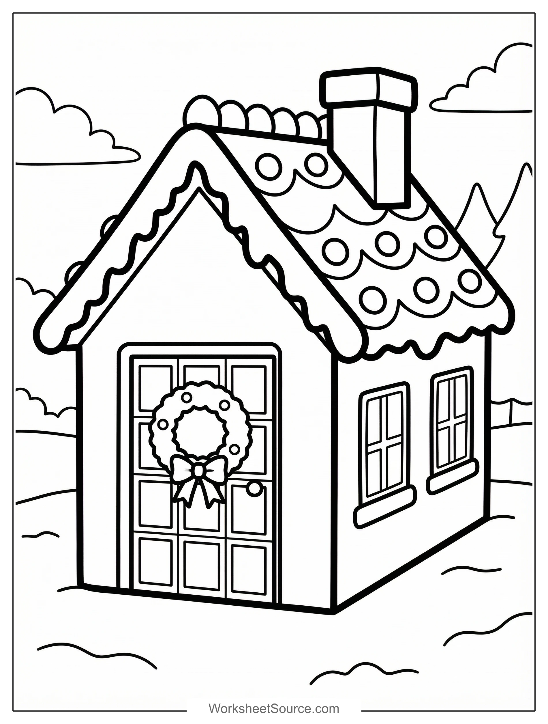 Free printable coloring page showing a gingerbread house door with wreath and candy roof, perfect for kids to practice color and creativity