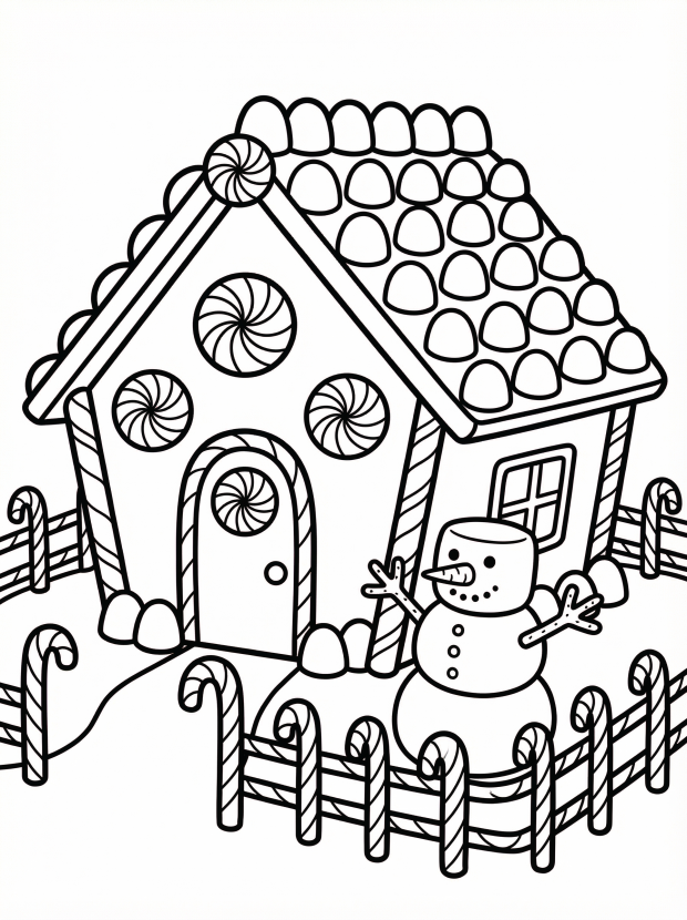 Free printable coloring page showing a gingerbread house scene with candy roof and snowman, perfect for kids to practice creativity and fine motor skills