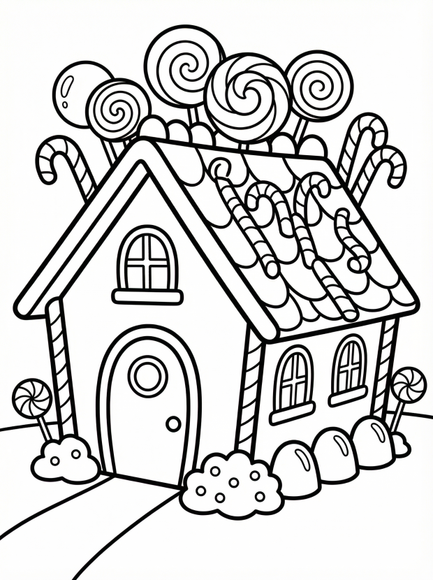 Free printable coloring page showing a gingerbread house with candy decorations, perfect for kids to practice coloring and creativity