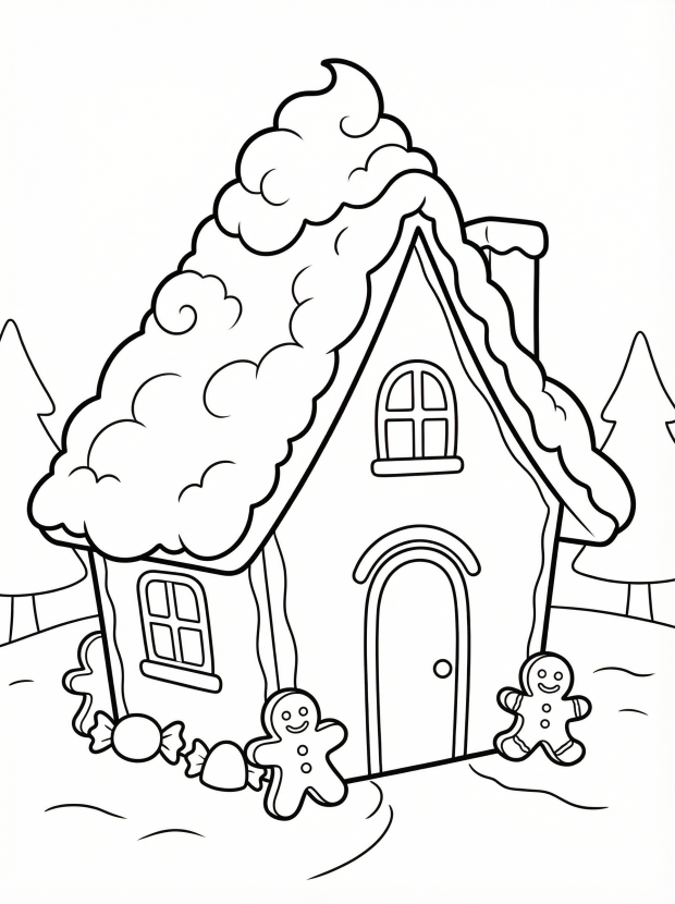 Free printable coloring page showing a snowy gingerbread house with candy and gingerbread people, perfect for kids to practice creativity and fine motor skills