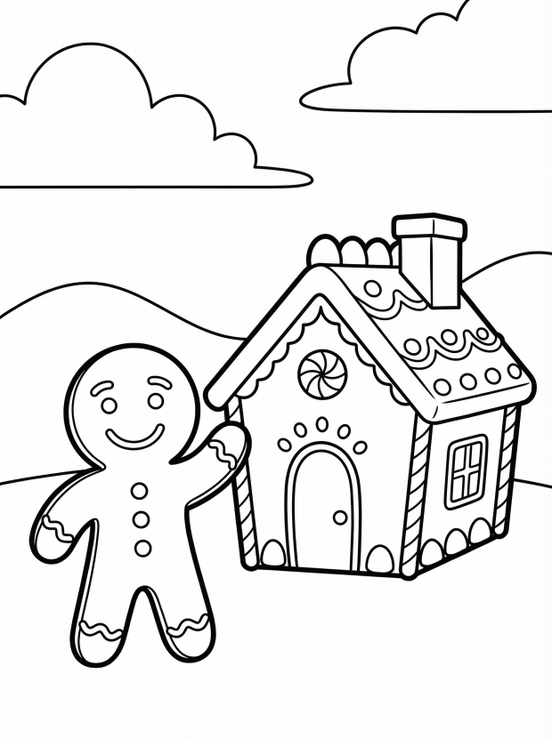 Free printable coloring page showing a gingerbread man next to a decorated house, perfect for kids to practice coloring and creativity